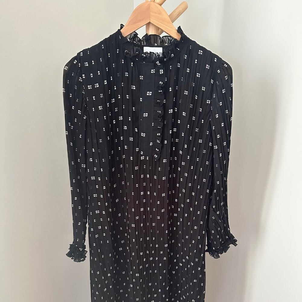 GANNI Black Pleated Georgette Midi Dress